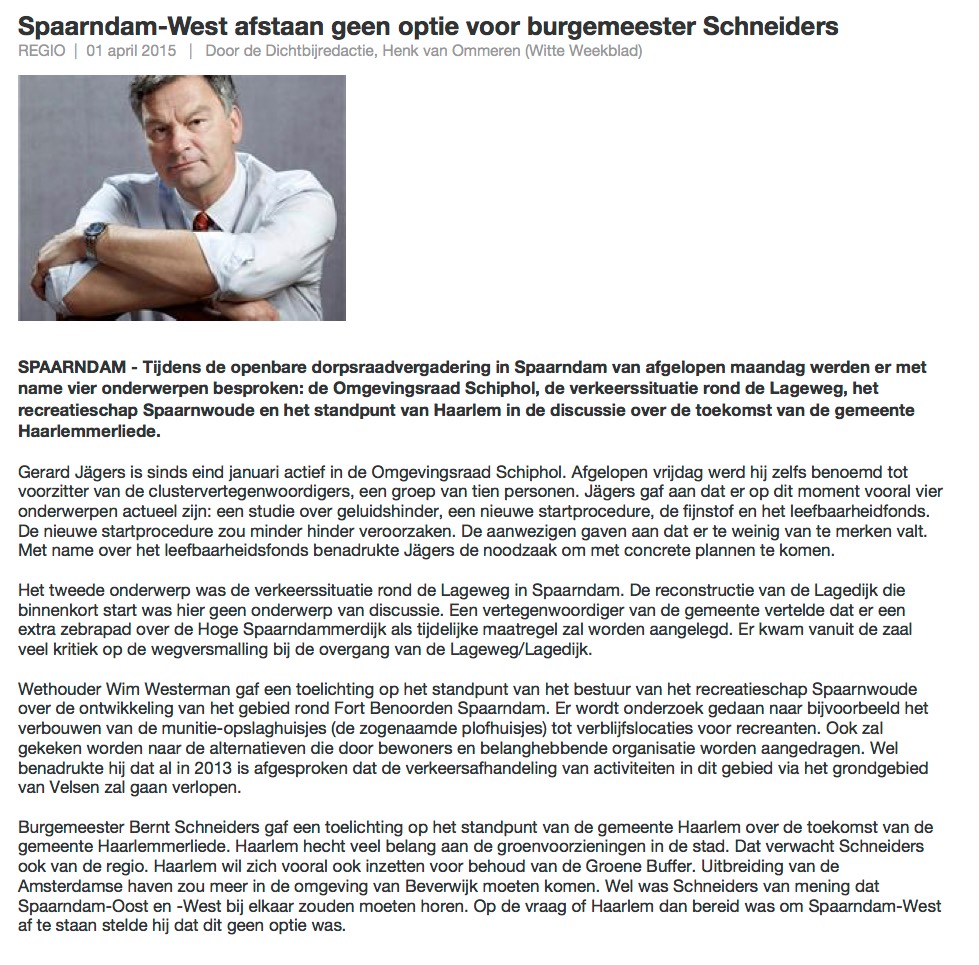 20150401-DB Spaarndam-West afstaan geen optie voor burgemeester Schneiders, toekomst