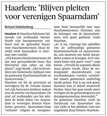 20160630-HD Haarlem, blijven pleiten voor verenigen Spaarndam, fusie