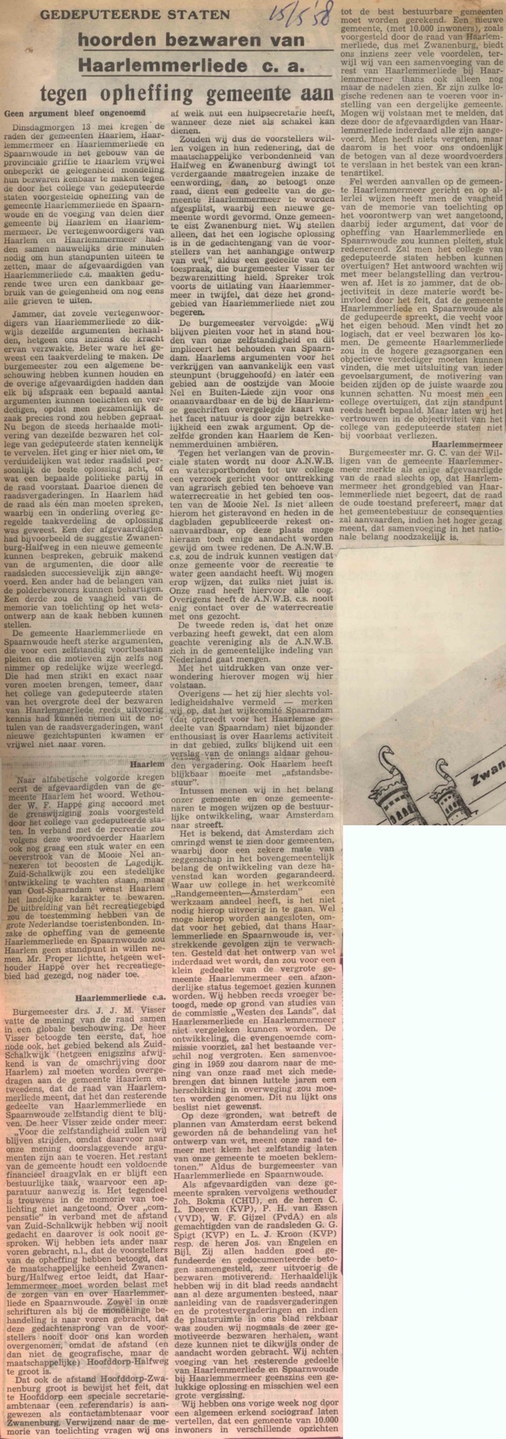 19580515-xx Annexatie GS hoorden bezwaren tegen opheffing gemeente Harlemmerliede